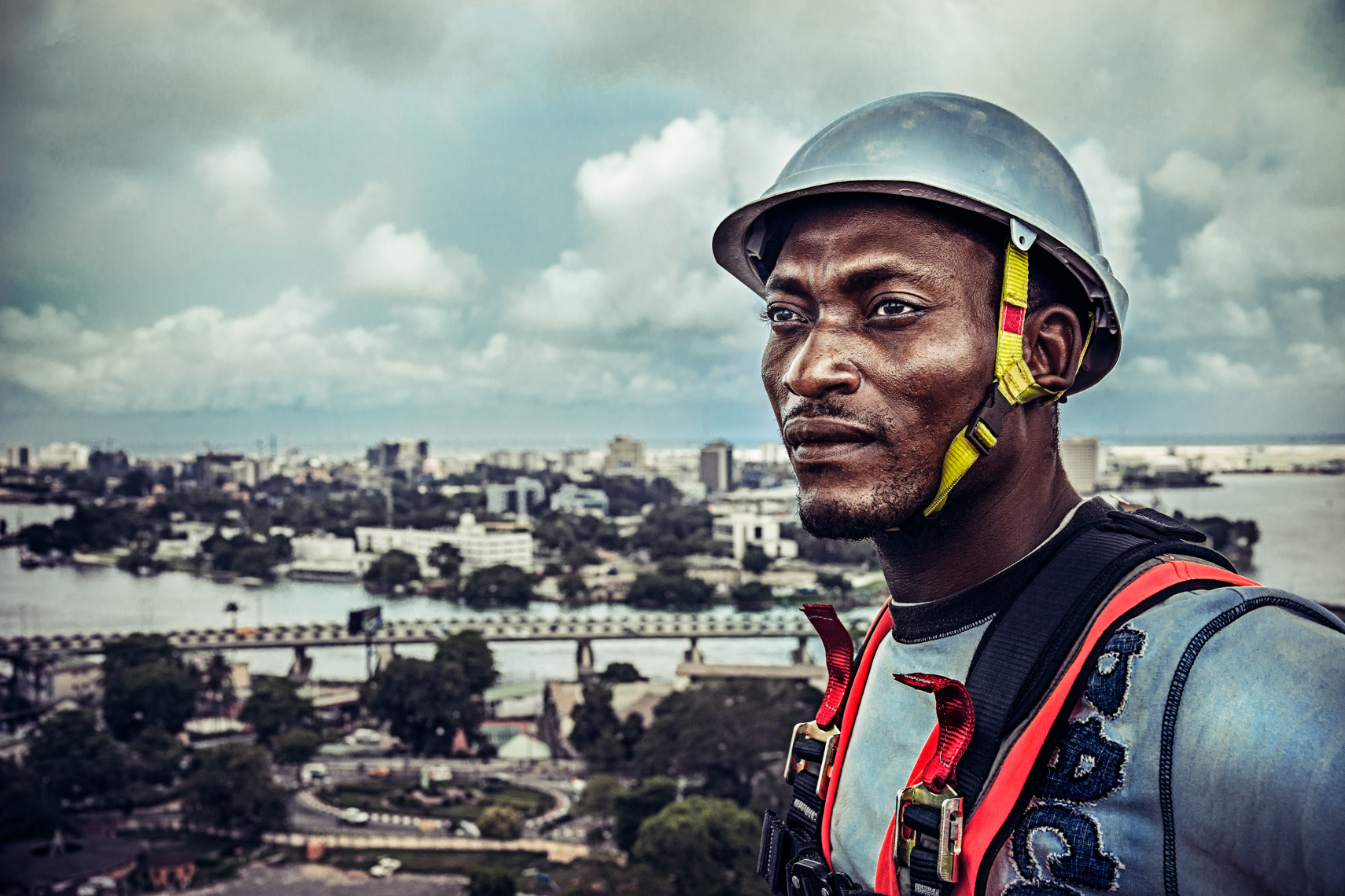 Nigerian construction worker portrait by commercial advertising photographer Michael-Grecco